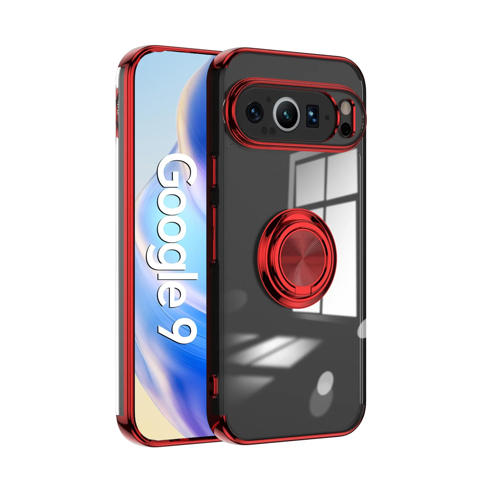 Google Pixel phone case with electroplated silicone transparent back and magnetic ring in silver colour showing front and rear view