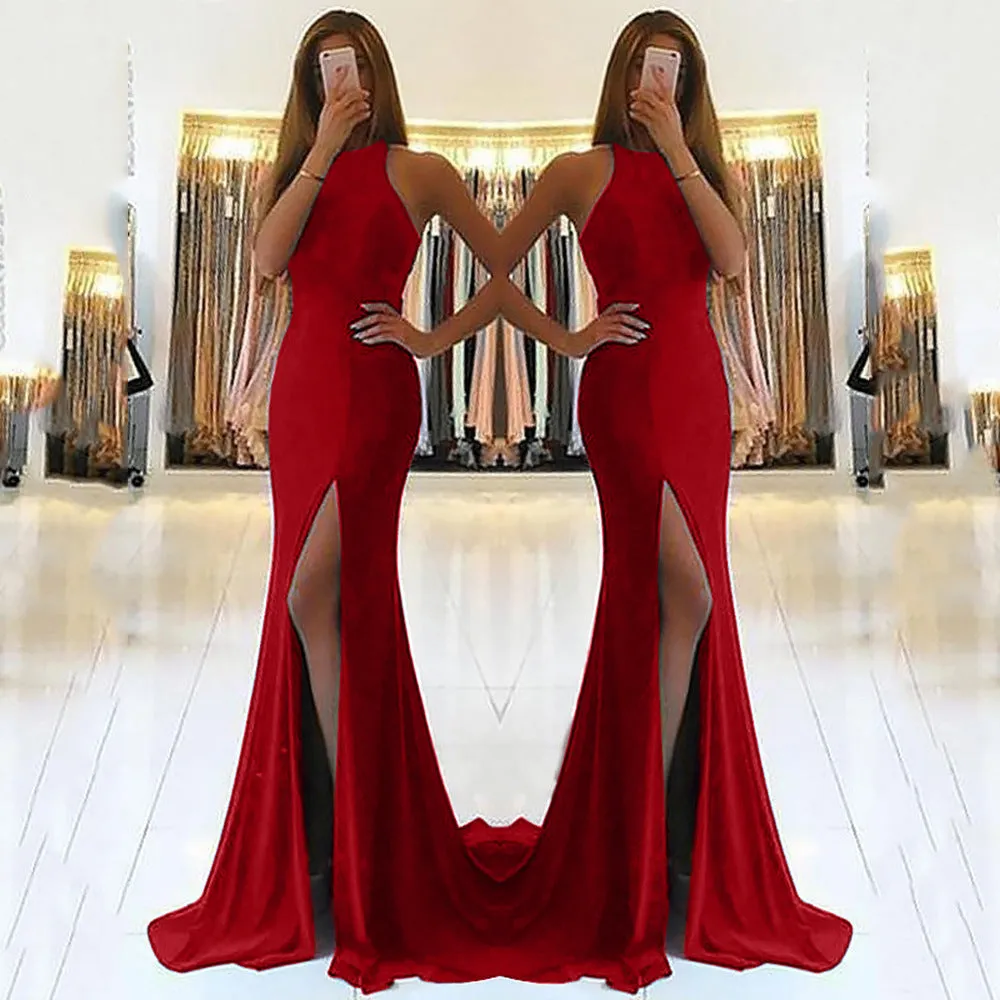 Long red knitting fabric evening dress with hanging neckline and large swing skirt.
