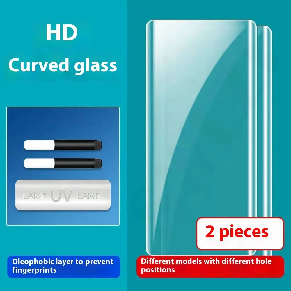 UV full glue tempered glass screen protector for Samsung Galaxy phone with glue bottle and UV lamp