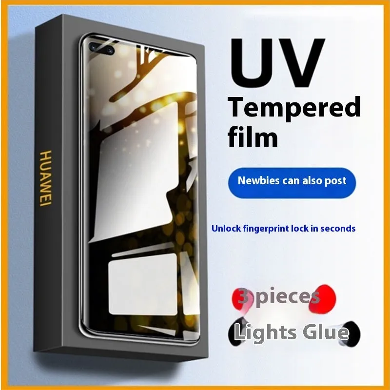 UV full glue tempered glass screen protector for Samsung Galaxy phone with glue bottle and UV lamp