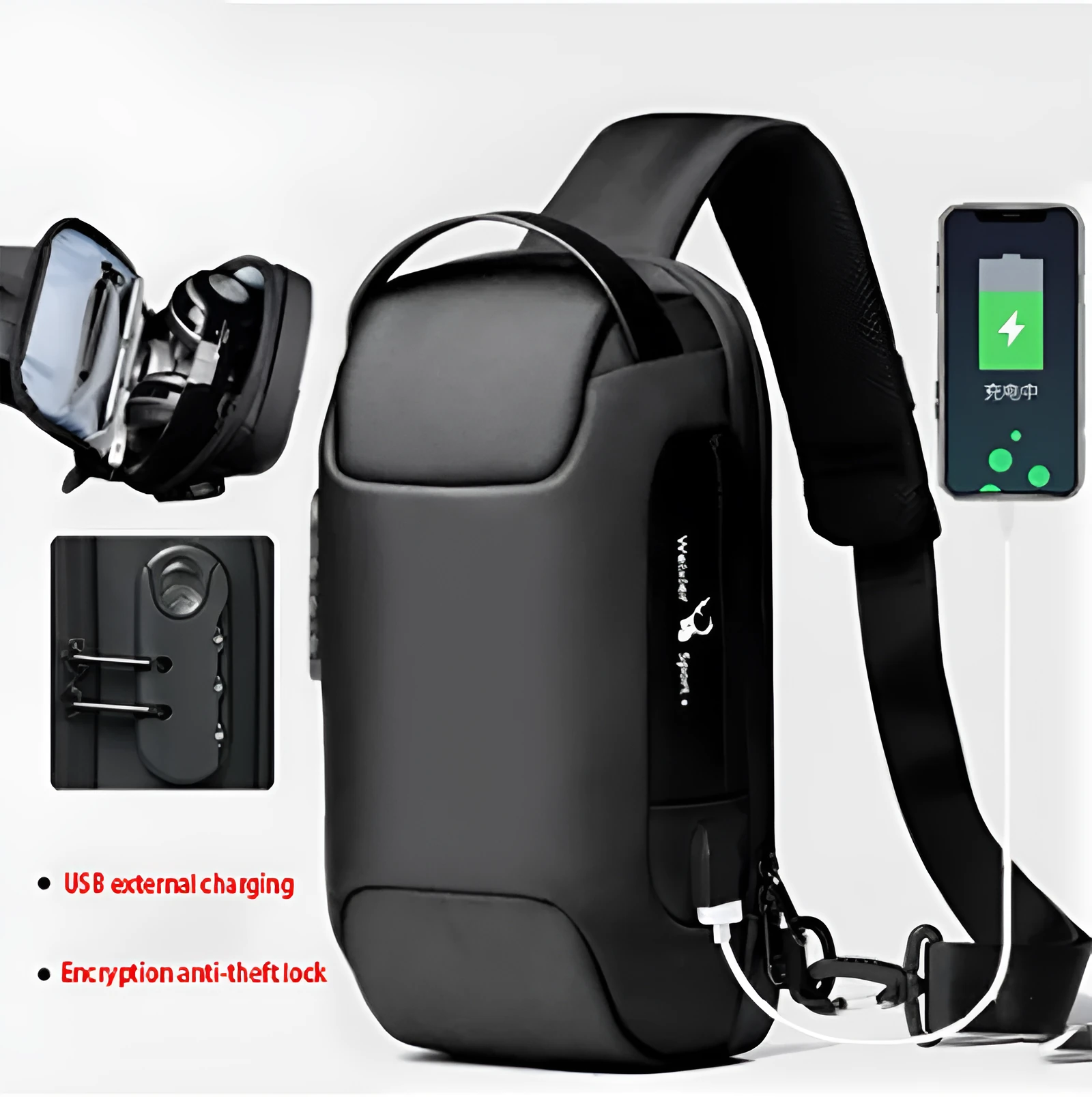 Waterproof Oxford cloth anti-theft messenger bag with crossbody strap in black colour
