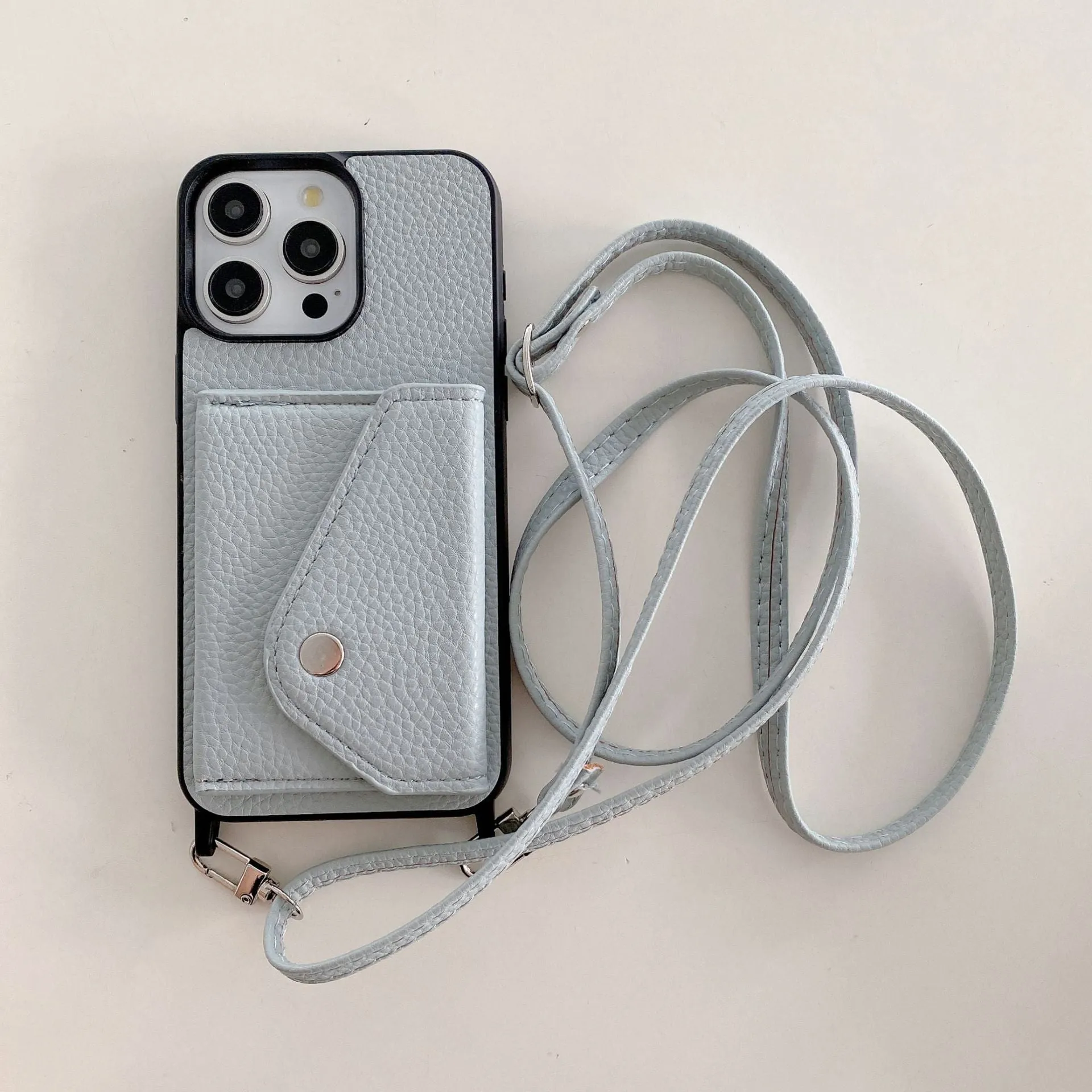 Lychee pattern imitation leather phone case with crossbody strap and triangle card holder for iPhone 14