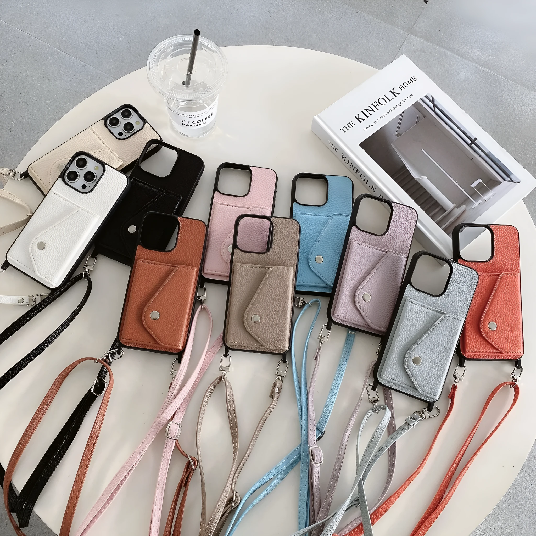 Lychee pattern imitation leather phone case with crossbody strap and triangle card holder for iPhone 14