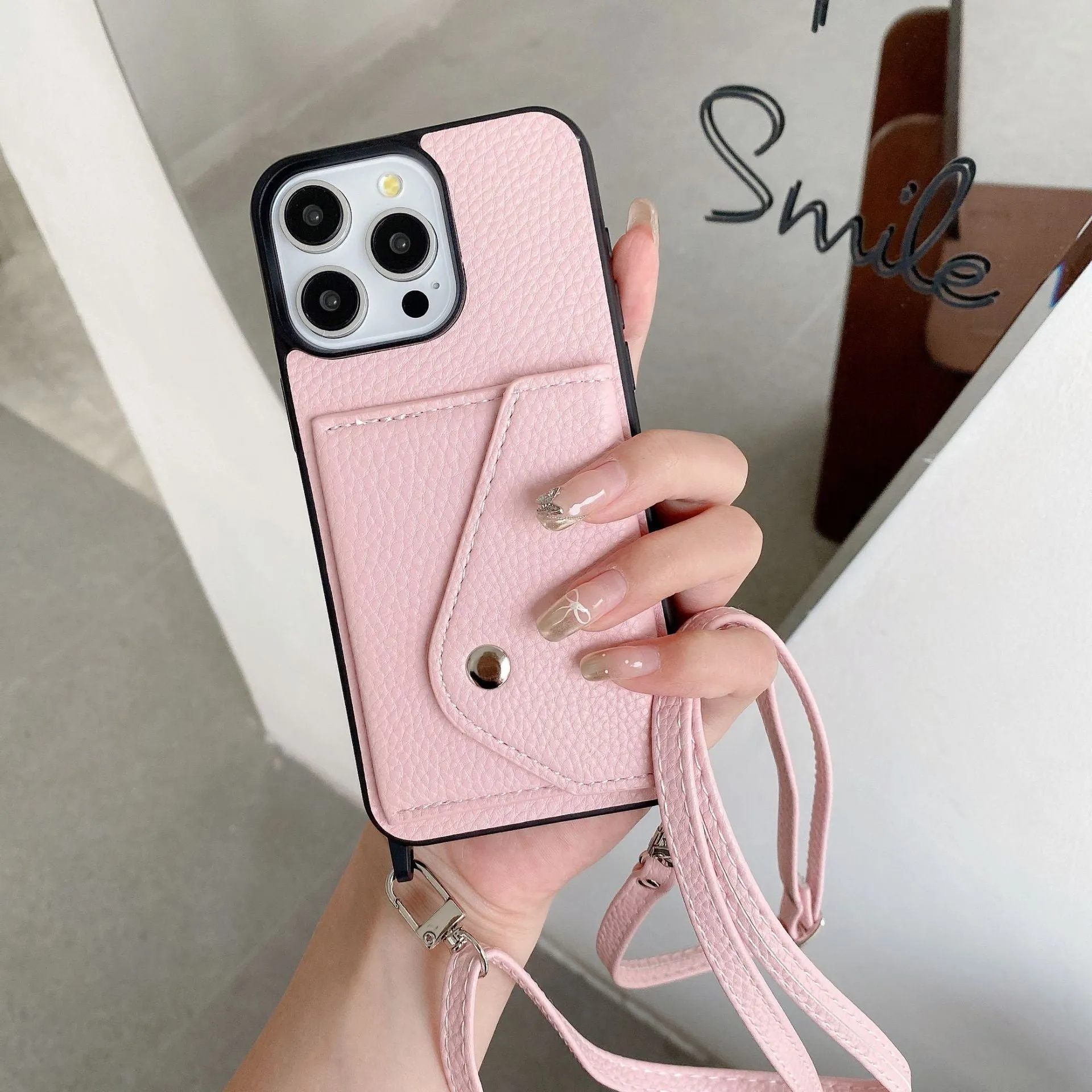 Lychee pattern crossbody phone case with card holder in Brown for iPhone 14