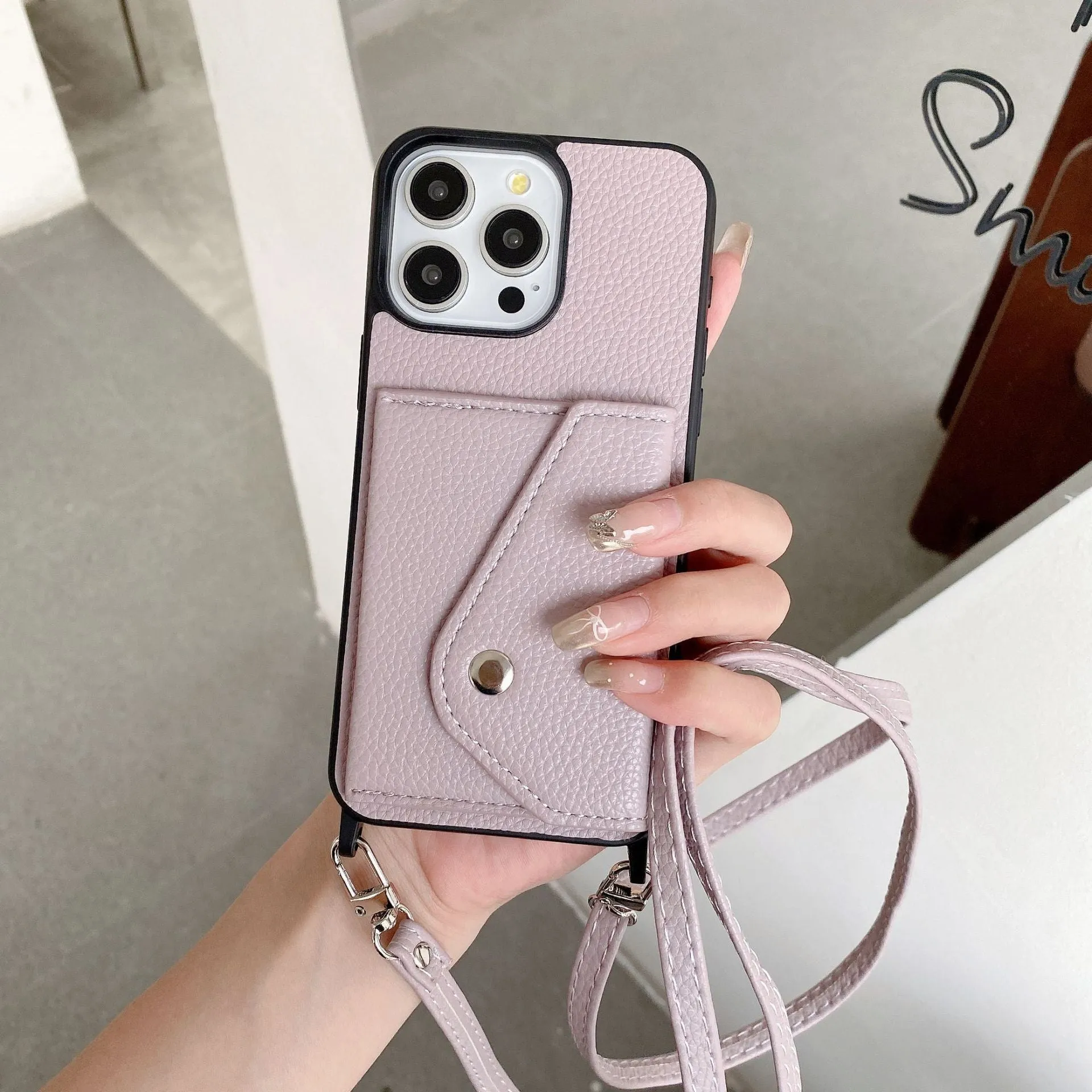 Lychee pattern crossbody phone case with card holder in Brown for iPhone 14