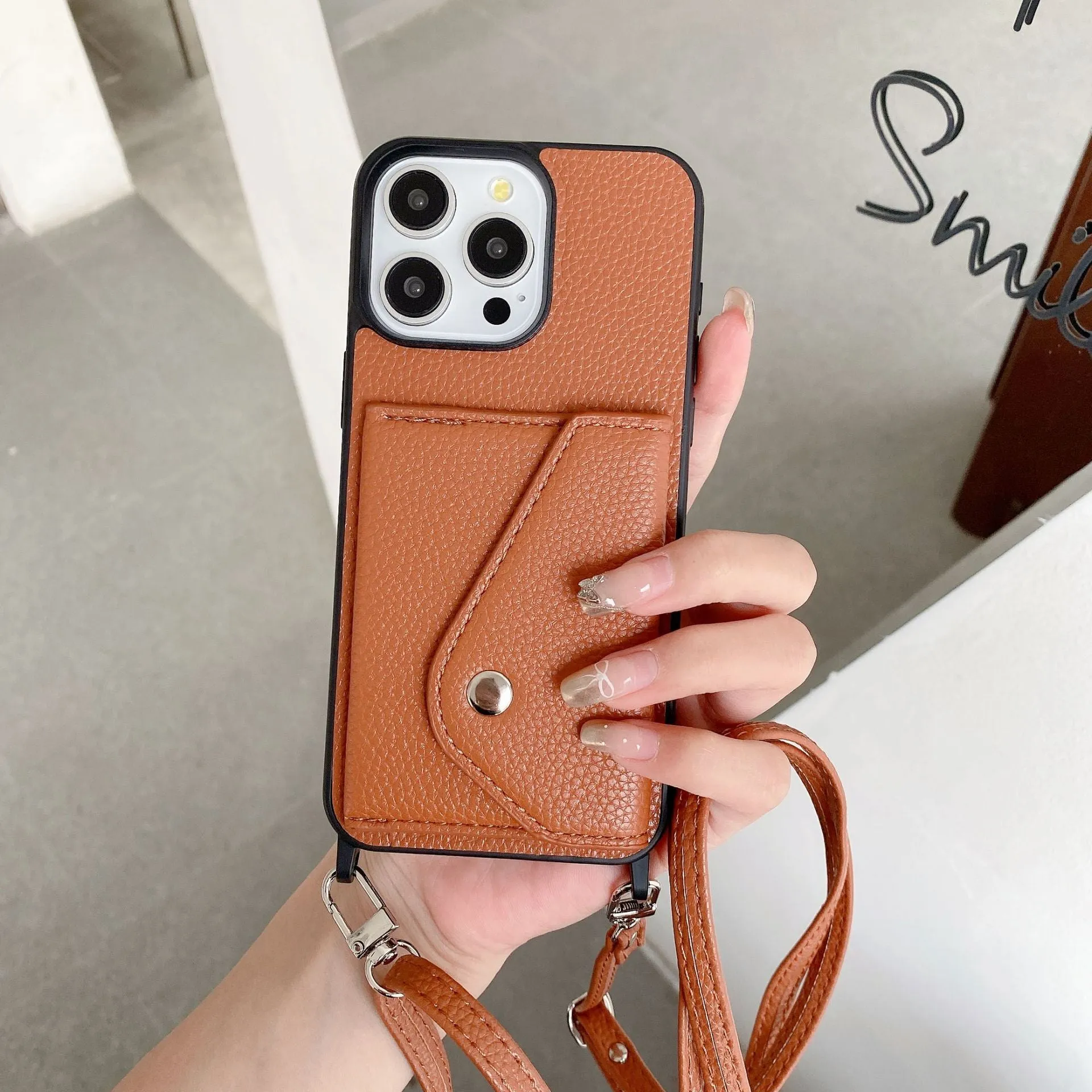 Lychee pattern crossbody phone case with card holder in Brown for iPhone 14