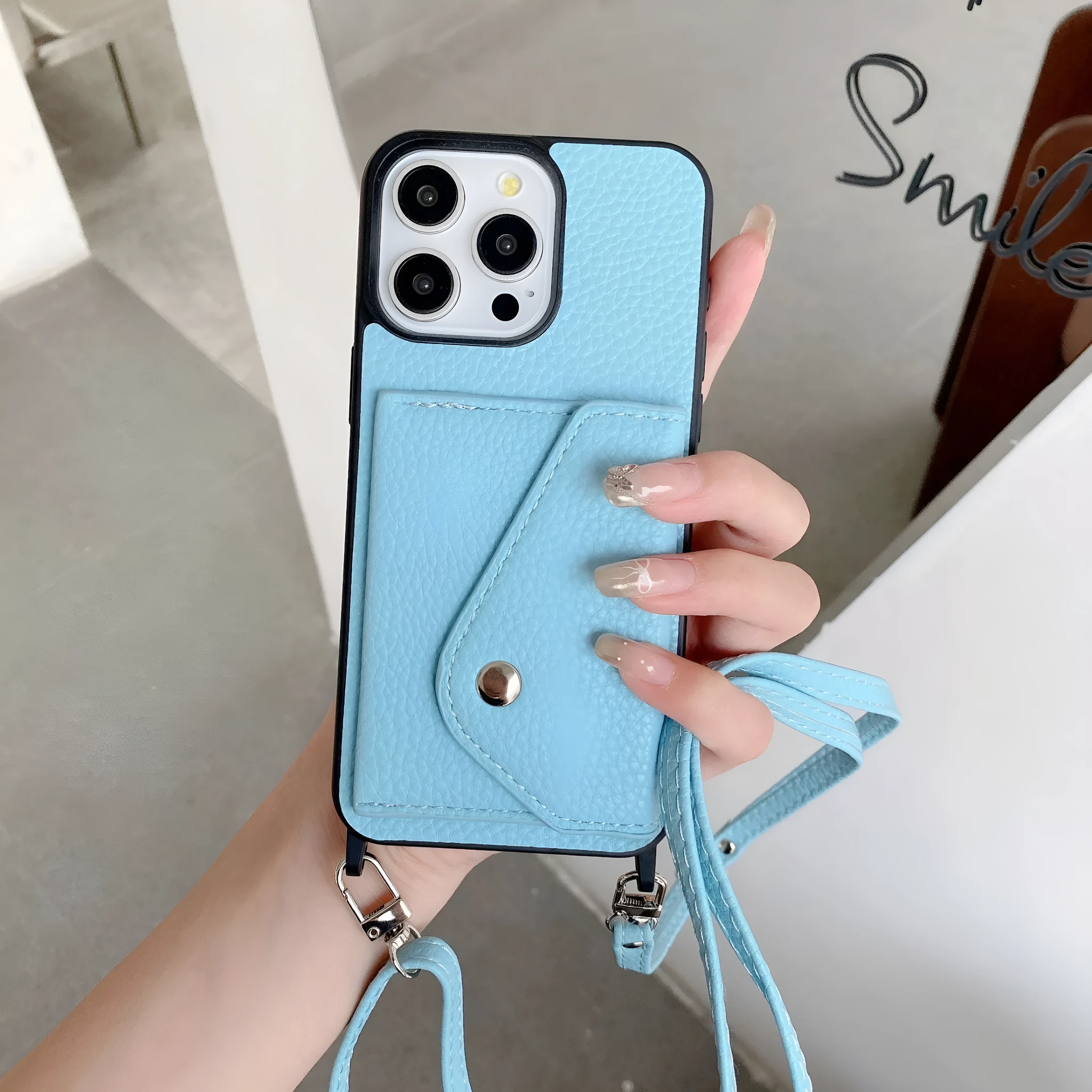 Lychee pattern crossbody phone case with card holder in Brown for iPhone 14