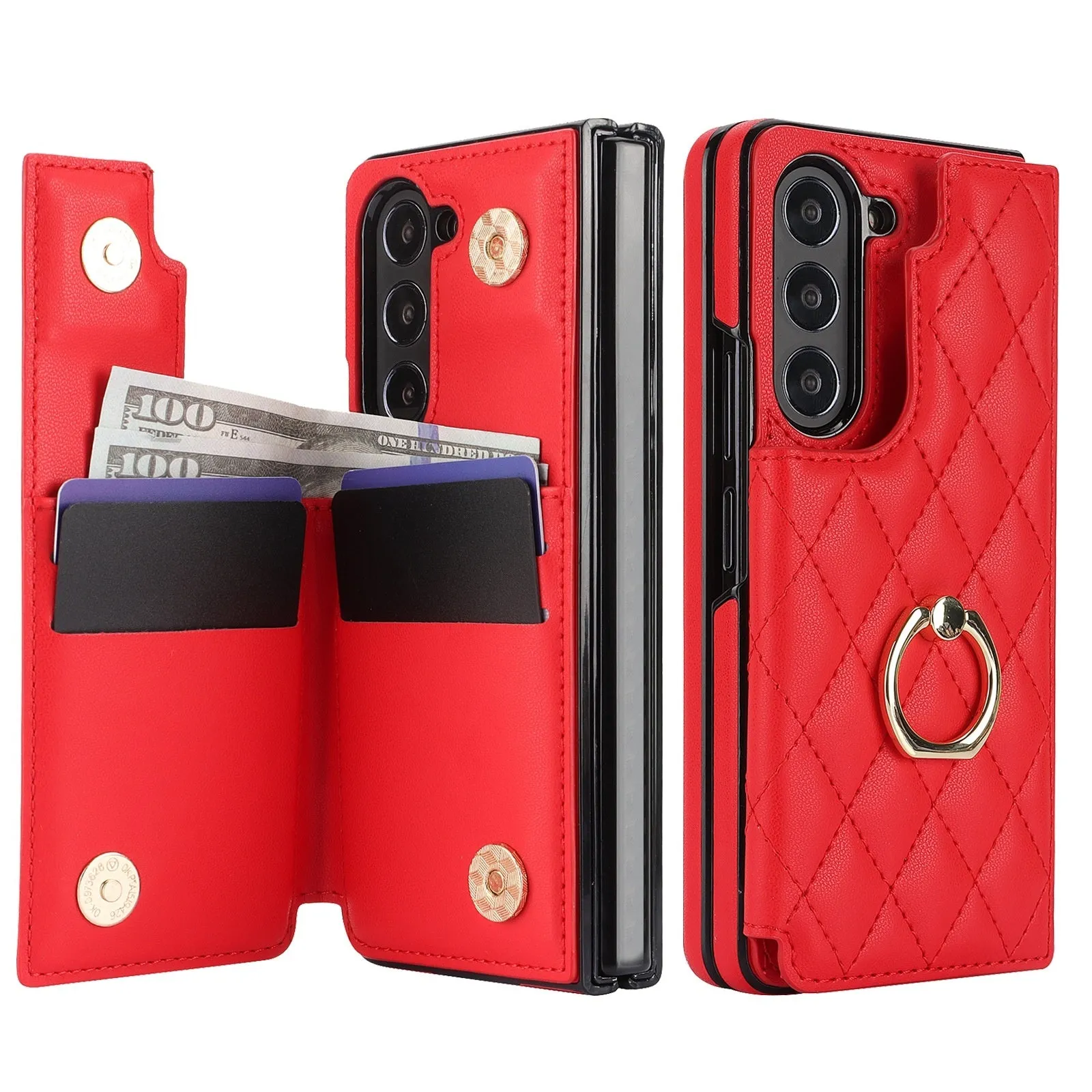 Samsung Z Fold PU leather case with double buckle shell and ring in black