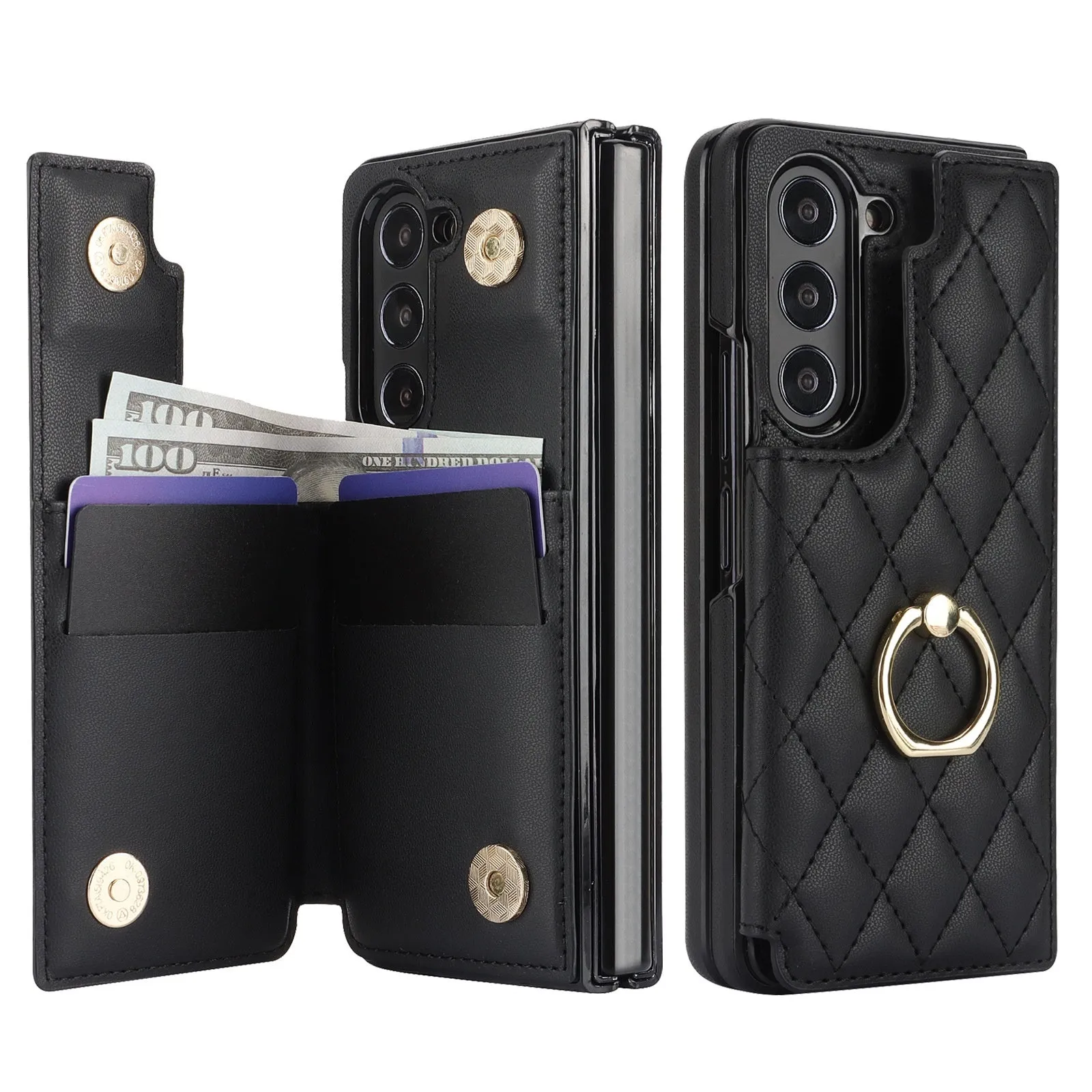Samsung Z Fold PU leather case with double buckle shell and ring in black