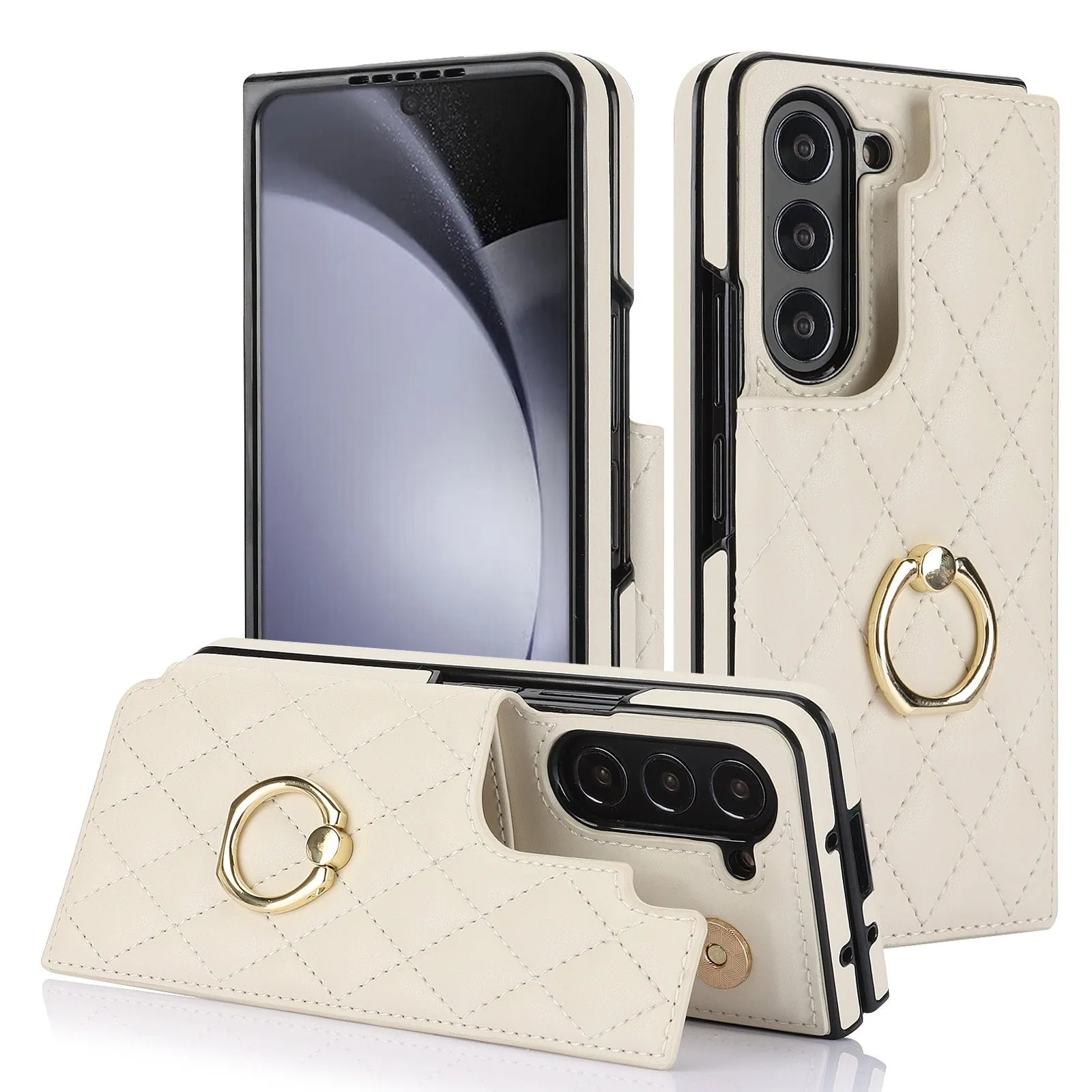 Samsung Z Fold PU leather case with double buckle shell and ring in black