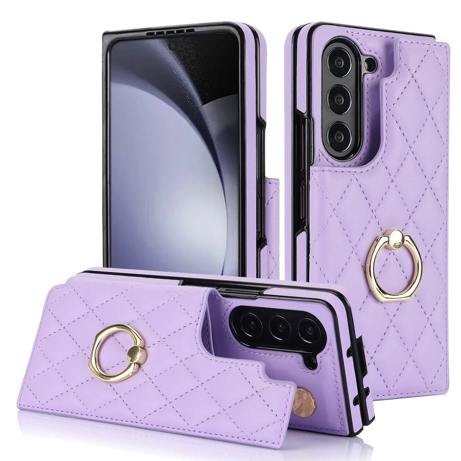 Samsung Z Fold PU leather case with double buckle shell and ring in black
