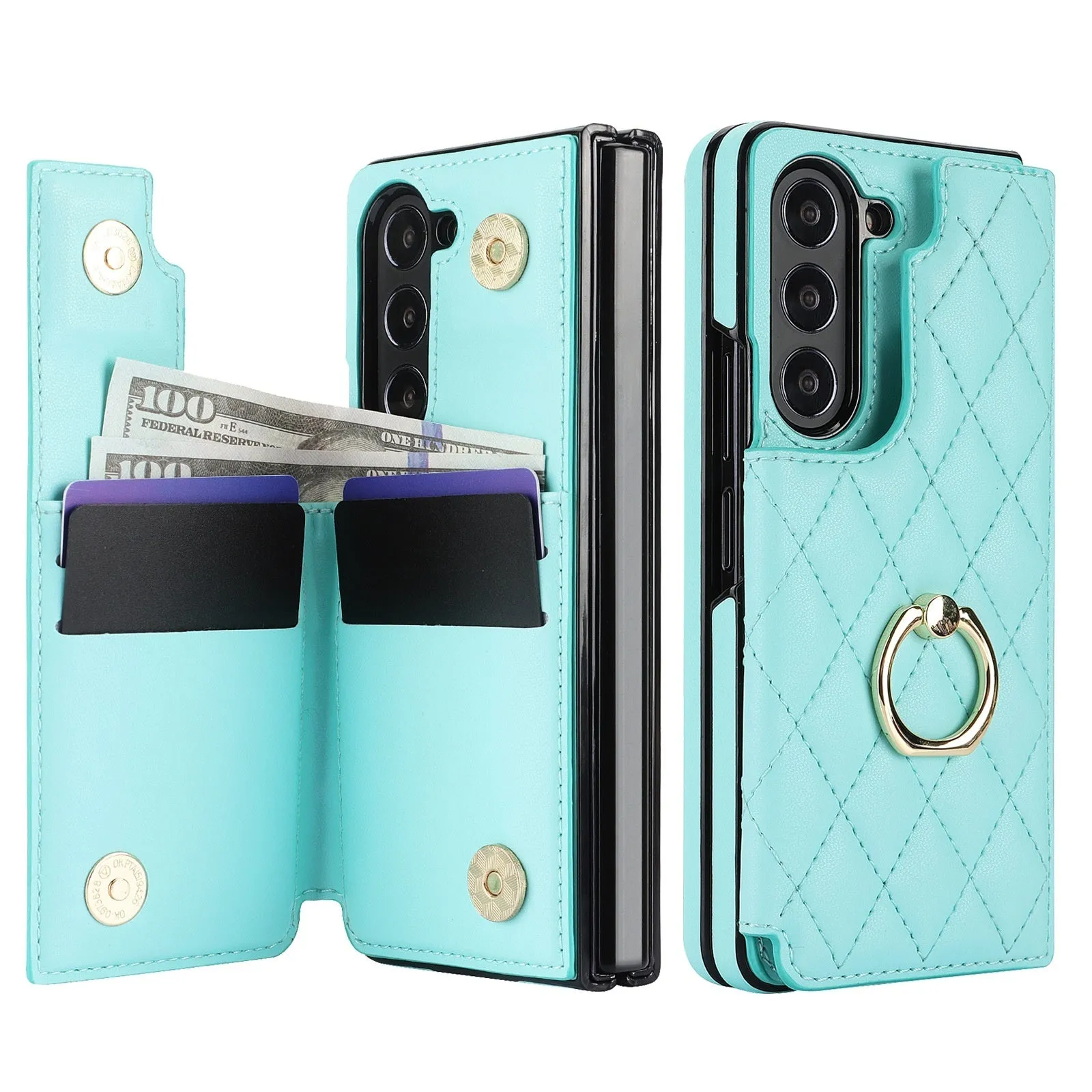 Samsung Z Fold PU leather case with double buckle shell and ring in black