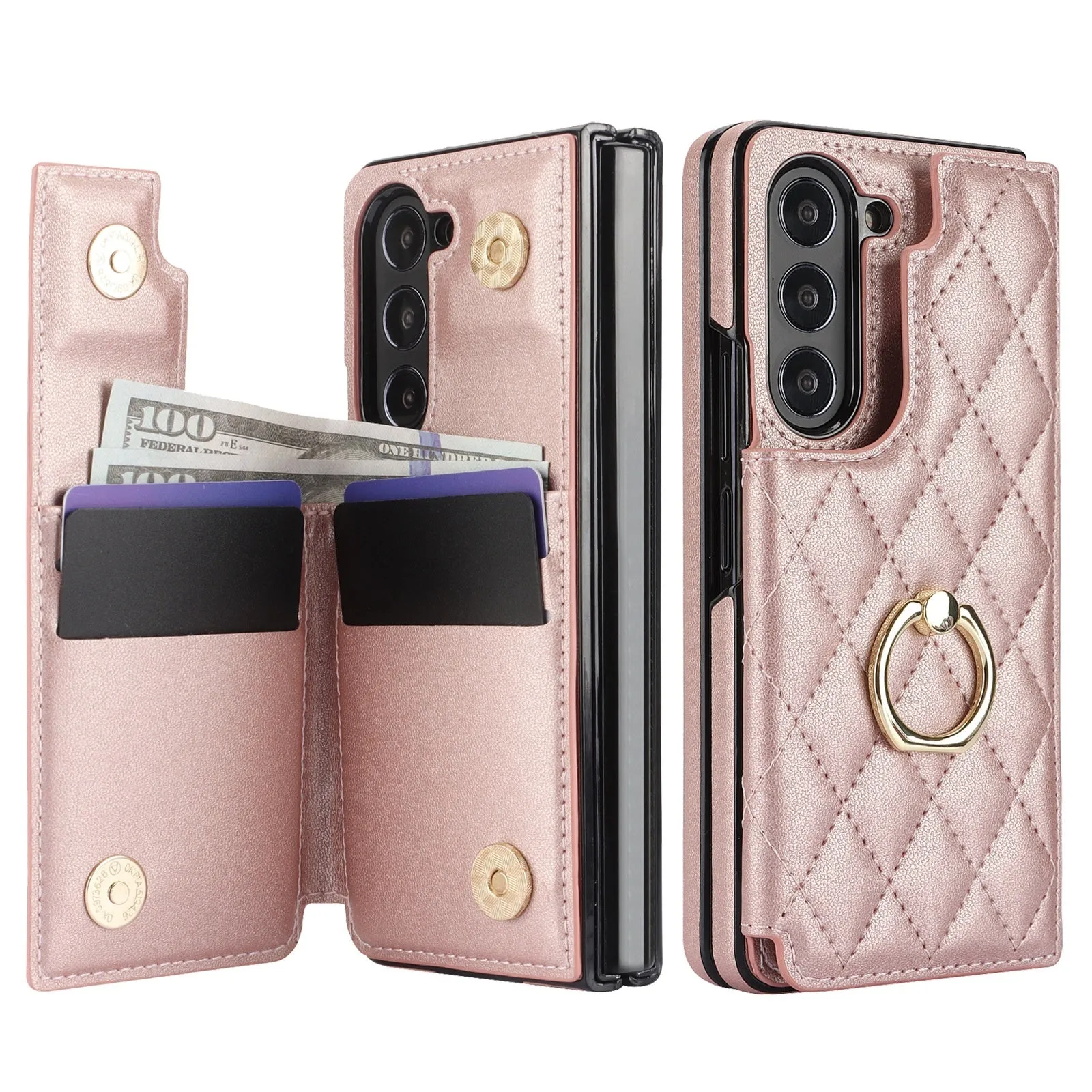 Samsung Z Fold PU leather case with double buckle shell and ring in black