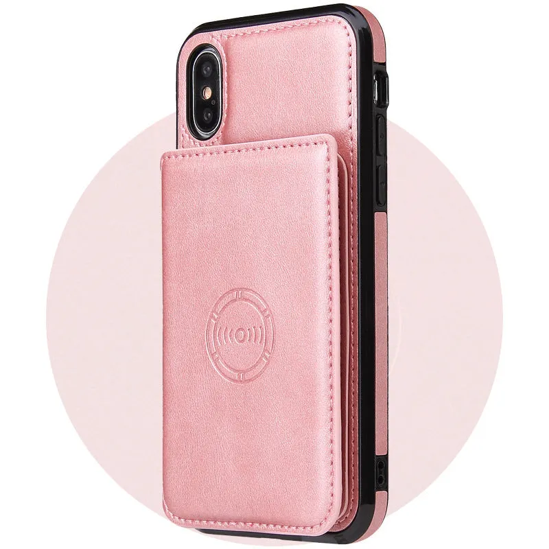 Imitation leather card wallet phone case for iPhone in black, shown with cards inserted.
