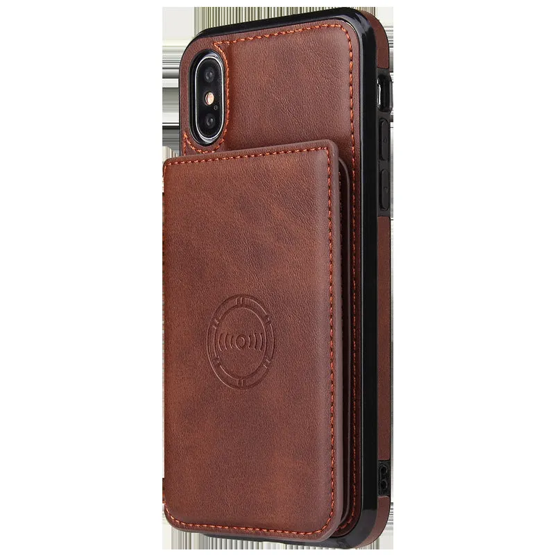 Imitation leather card wallet phone case for iPhone in black, shown with cards inserted.