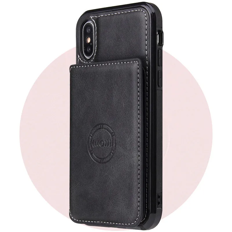 Imitation leather card wallet phone case for iPhone in black, shown with cards inserted.