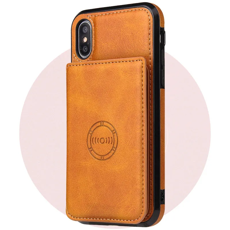 Imitation leather card wallet phone case for iPhone in black, shown with cards inserted.