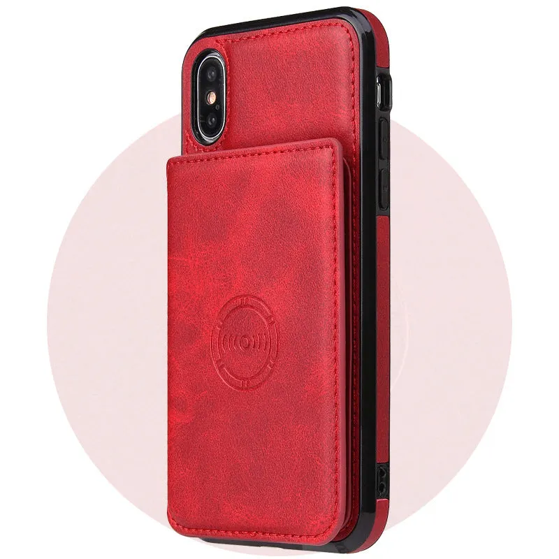 Imitation leather card wallet phone case for iPhone in black, shown with cards inserted.