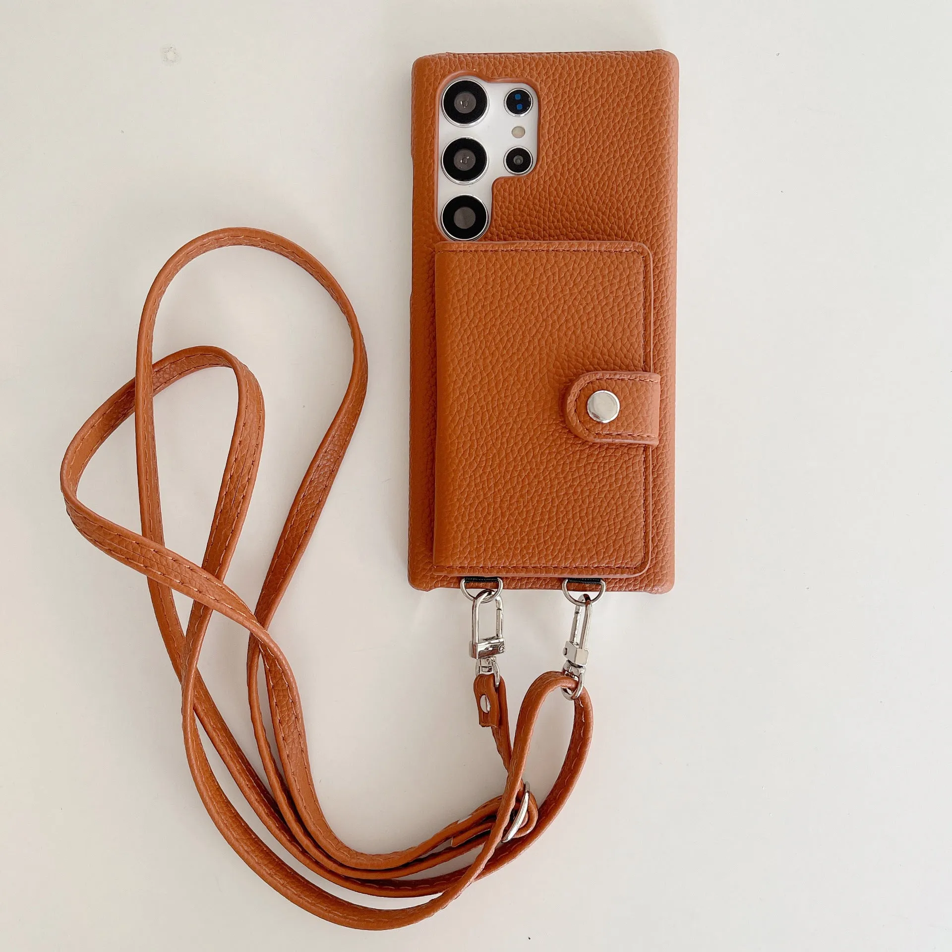 Samsung S23Ultra crossbody phone case with lychee pattern PC leather and card slot in black colour