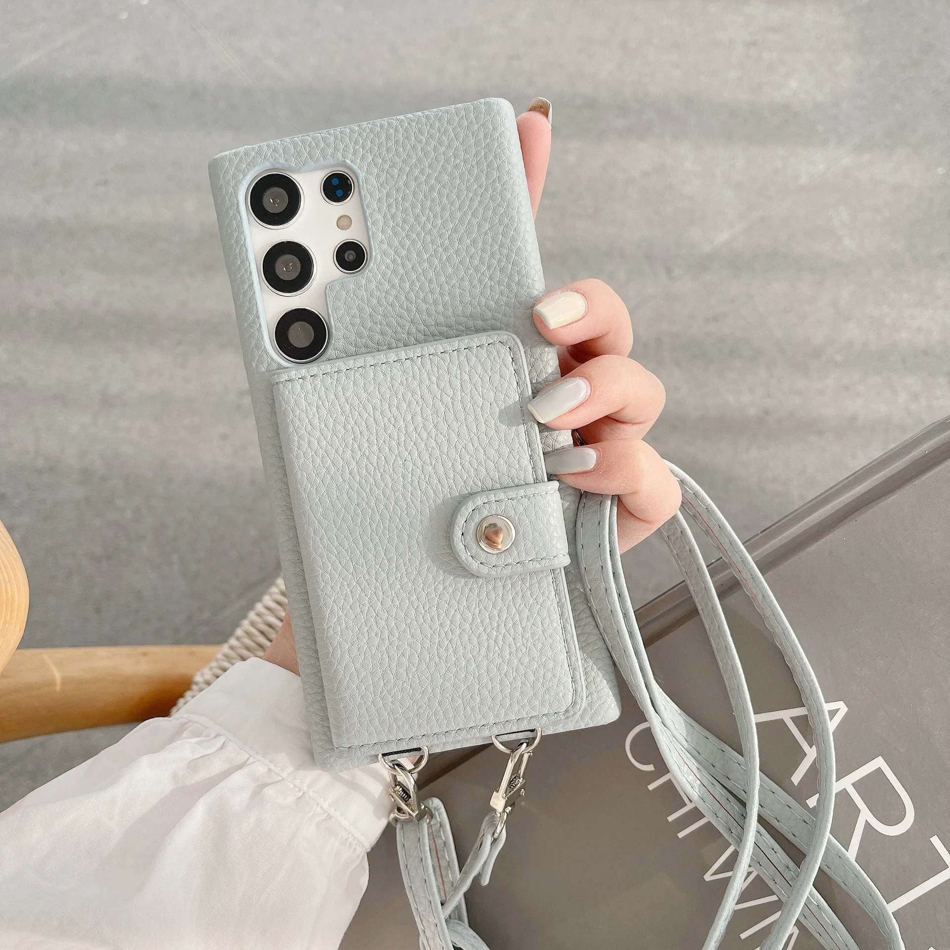 Samsung S23Ultra crossbody phone case with lychee pattern PC leather and card slot in black colour