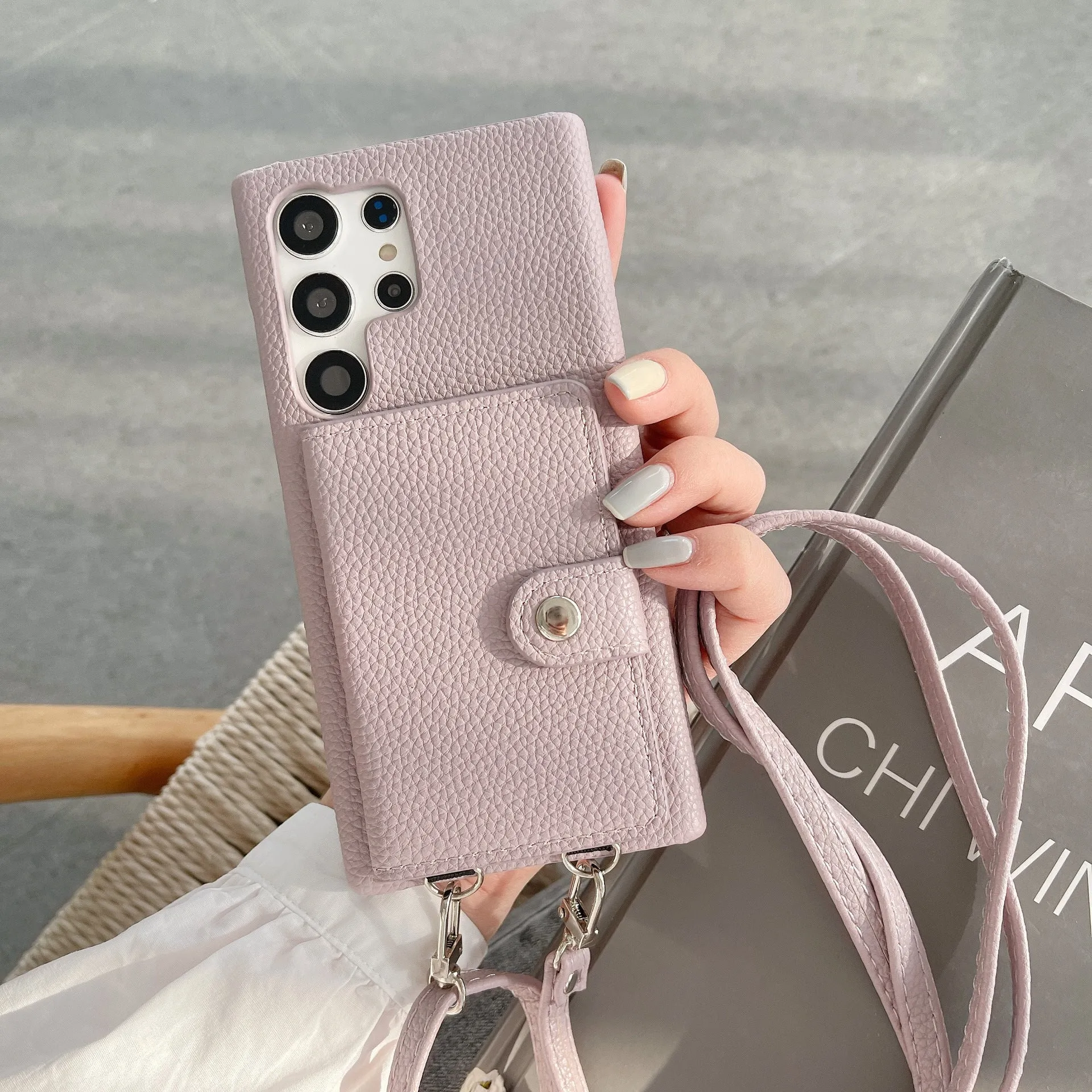 Samsung S23Ultra crossbody phone case with lychee pattern PC leather and card slot in black colour