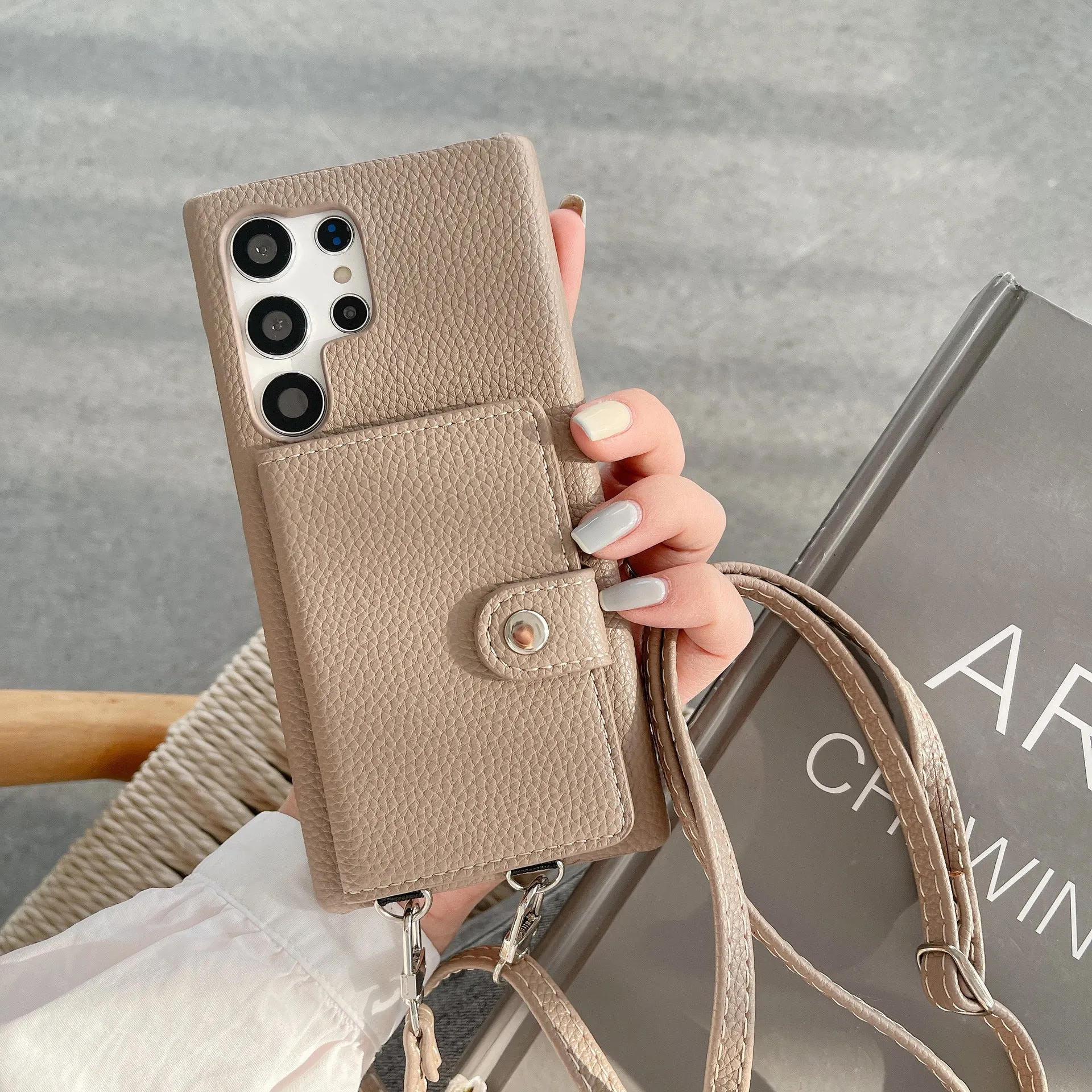 Samsung S23Ultra crossbody phone case with lychee pattern PC leather and card slot in black colour
