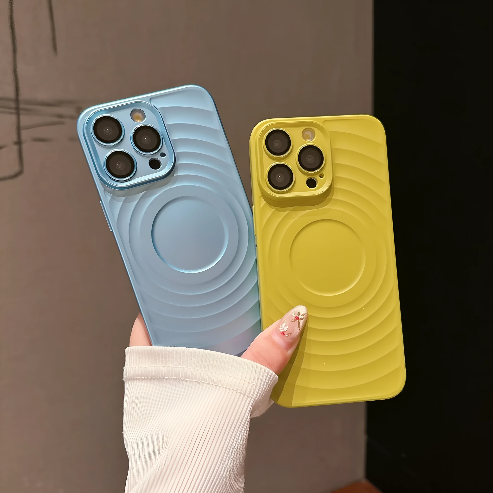 Oil injection magnetic drop-resistant protective cover with frosted PC lens glass for iPhone, showing back of case.