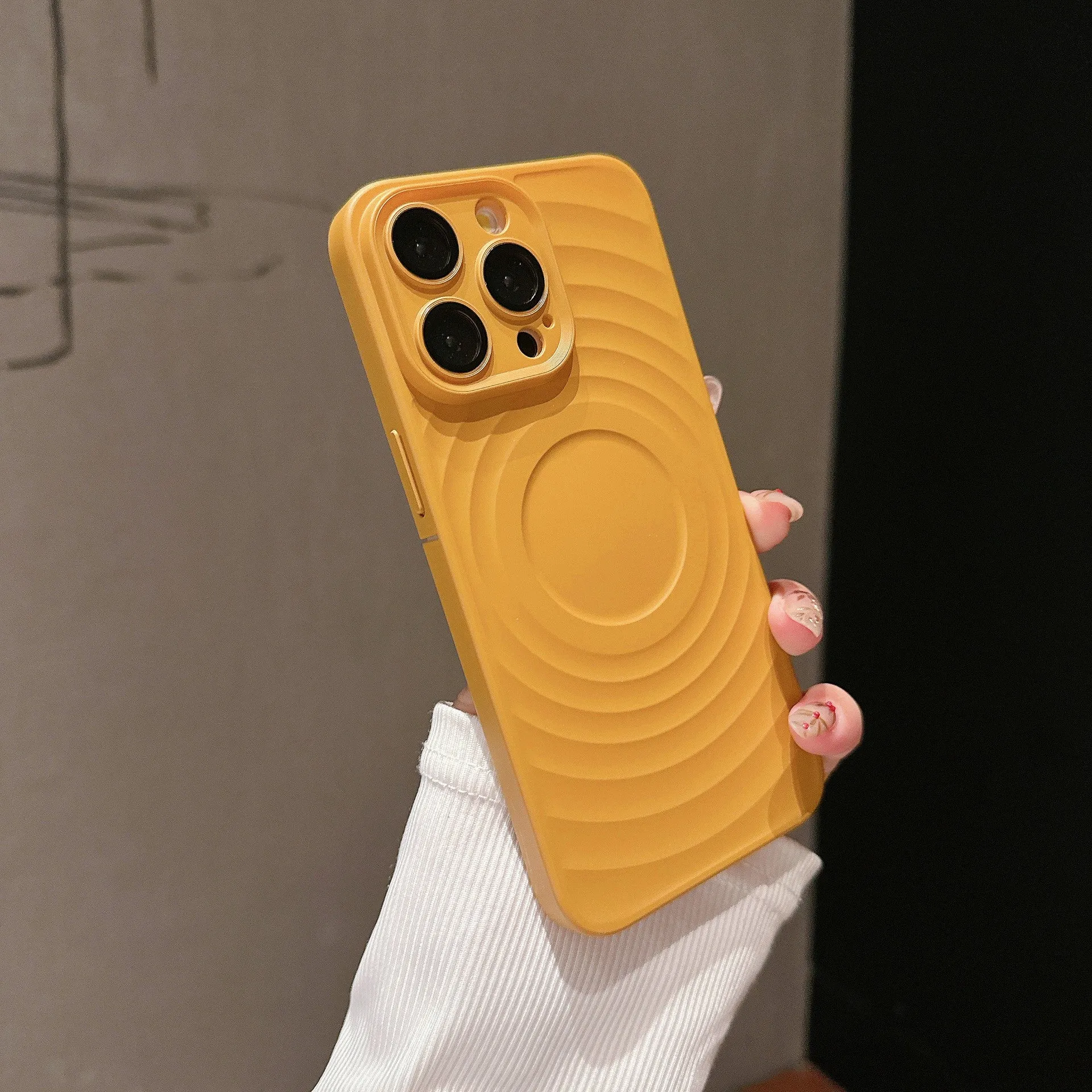 Oil injection magnetic drop-resistant protective cover with frosted PC lens glass for iPhone, showing back of case.
