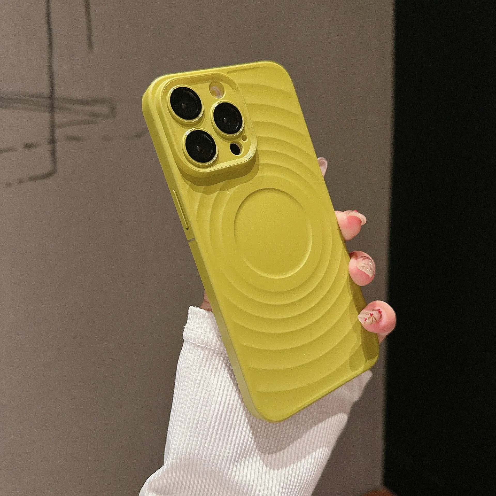 Oil injection magnetic drop-resistant protective cover with frosted PC lens glass for iPhone, showing back of case.