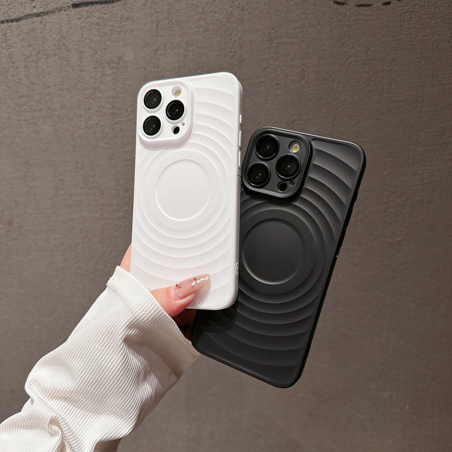 Oil injection magnetic drop-resistant protective cover with frosted PC lens glass for iPhone, showing back of case.