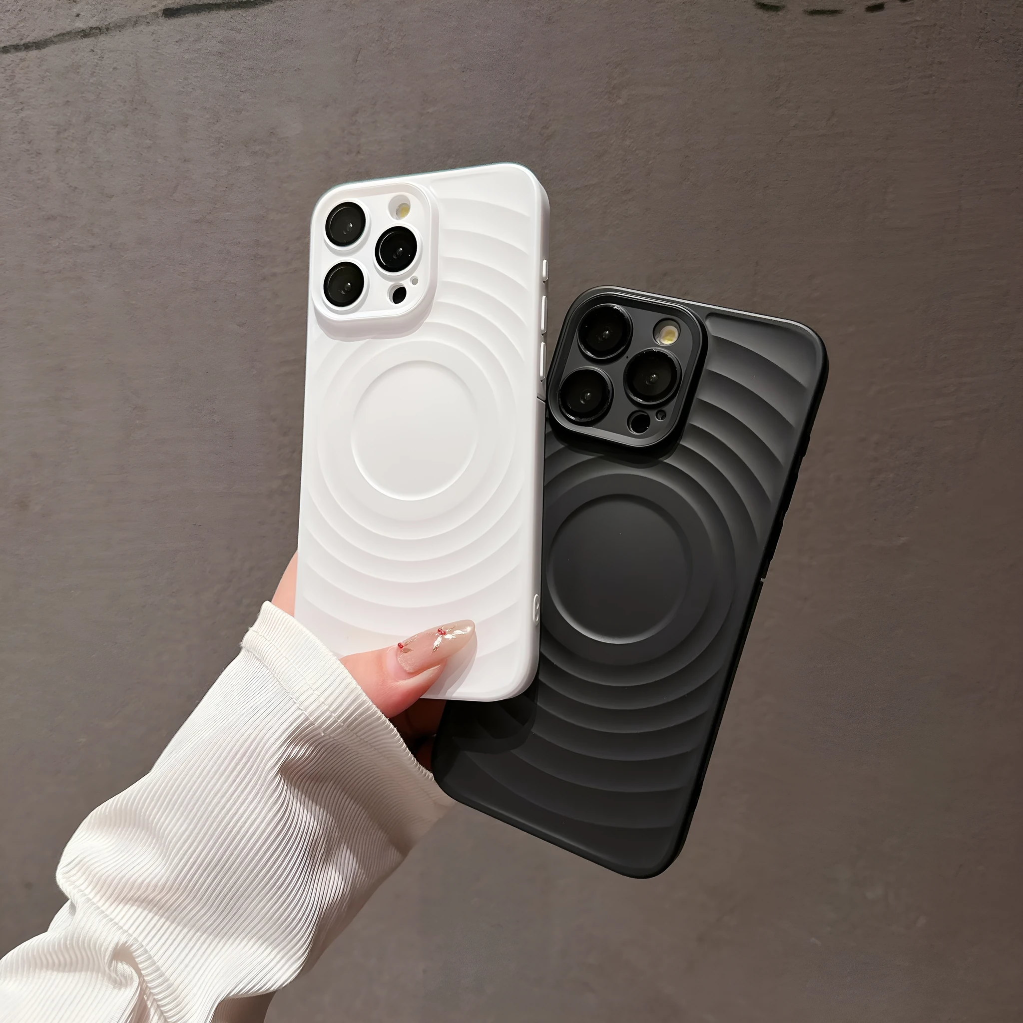 Shockproof oil injection magnetic phone case for iPhone with PC lens glass and frosted finish in black