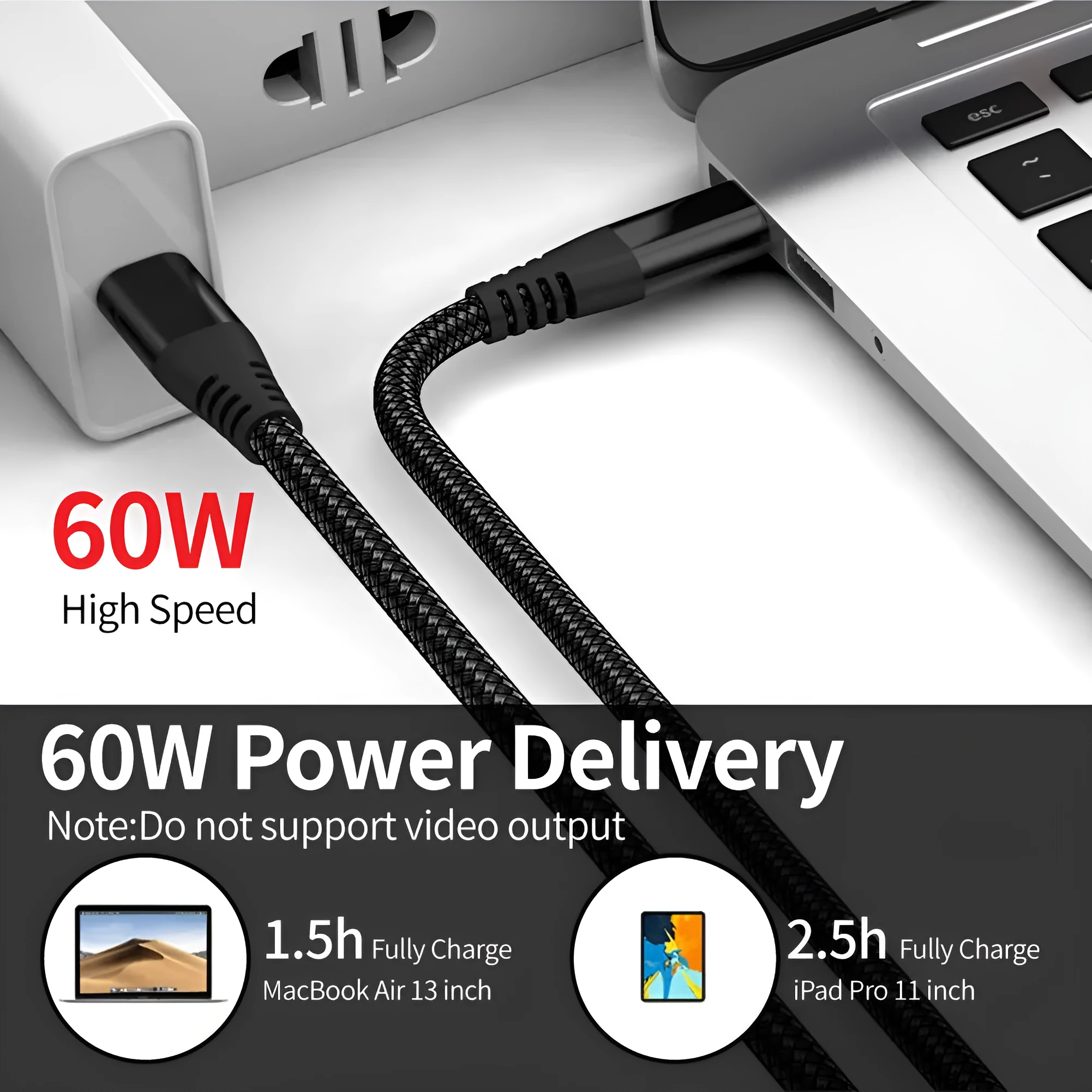 Double-headed charging cable with woven exterior, Lightning and Type-C ends, black colour, available in 1m 2m 3m