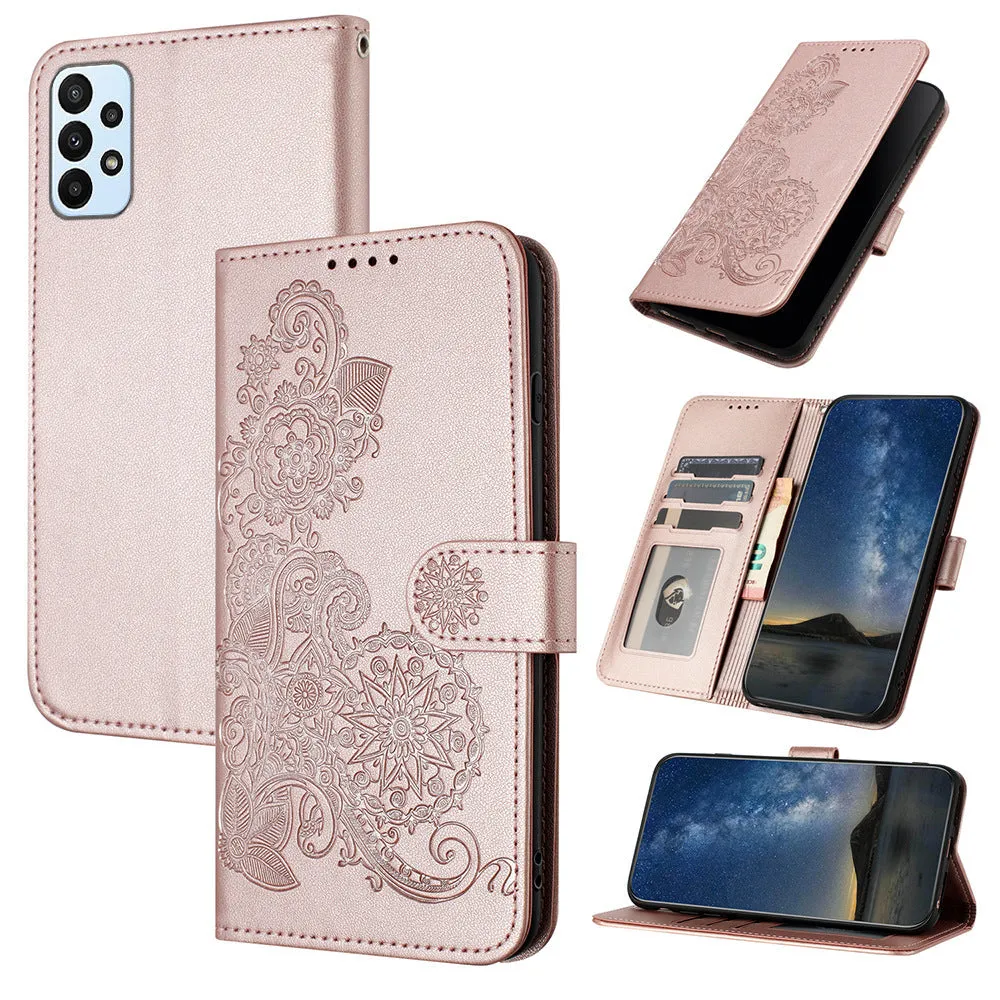 Datura embossed leather phone case with flip card slot for Samsung in brown colour