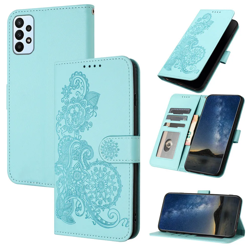 Datura embossed leather phone case with flip card slot for Samsung in brown colour
