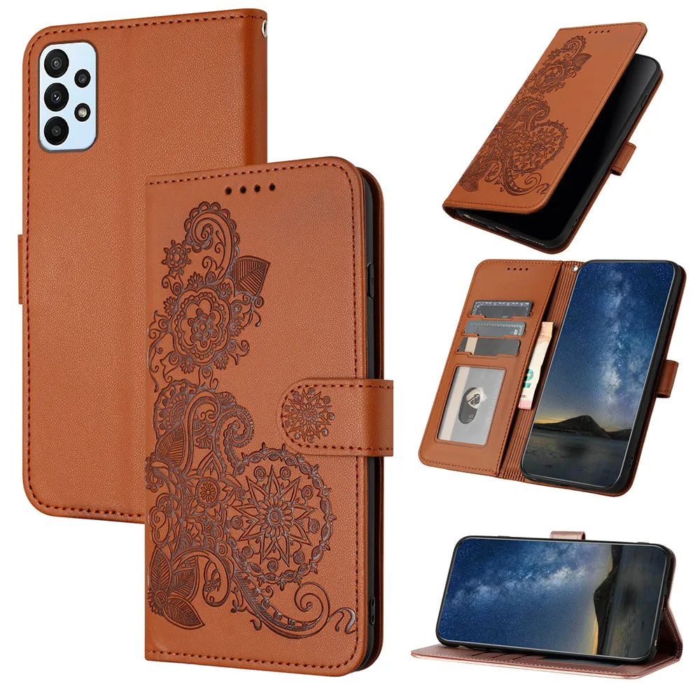 Datura embossed leather phone case with flip card slot for Samsung in brown colour