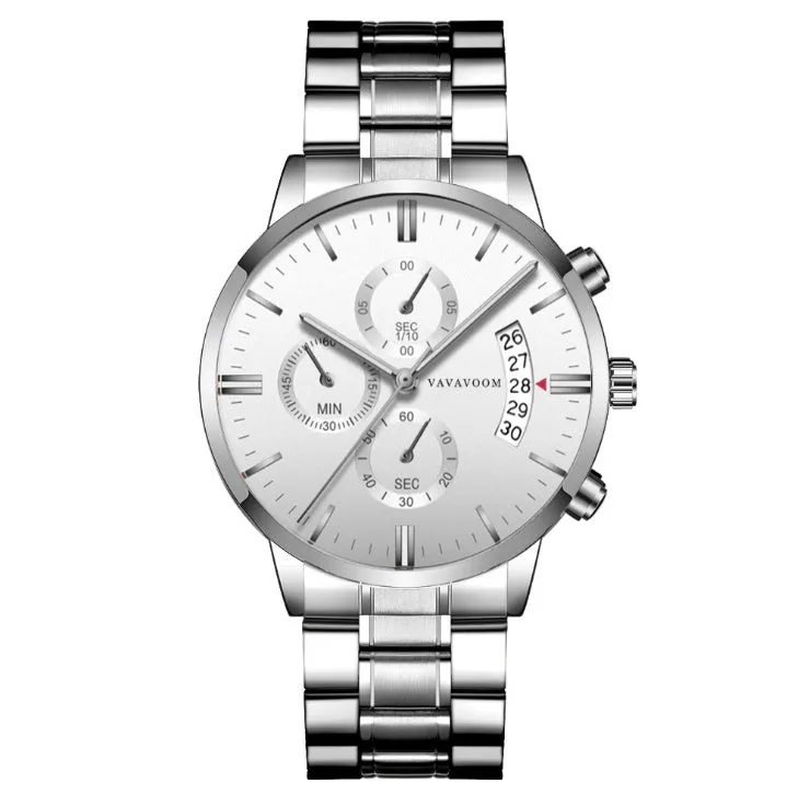 Men's stainless steel quartz watch with 43mm round dial and butterfly buckle
