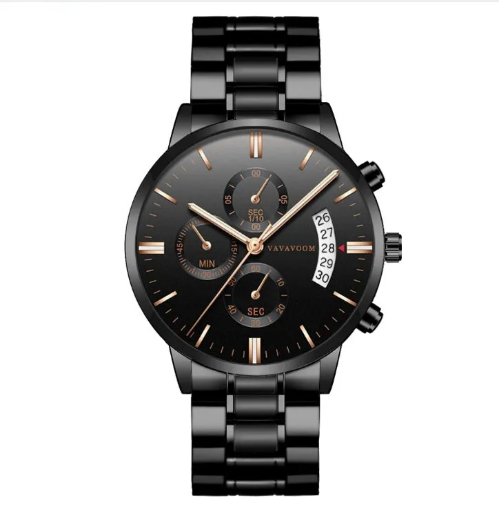 Men's stainless steel quartz watch with 43mm round dial and butterfly buckle
