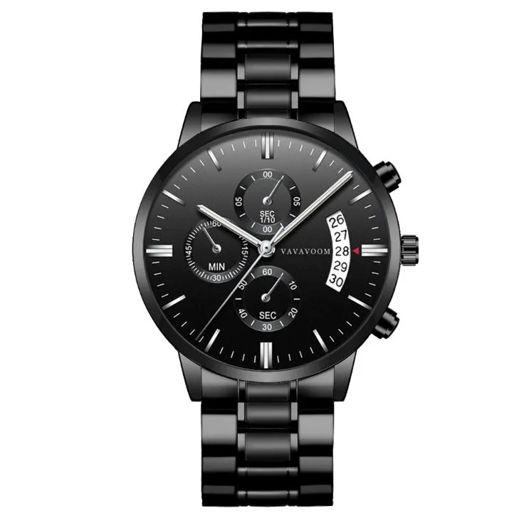 Men's stainless steel quartz watch with 43mm round dial and butterfly buckle