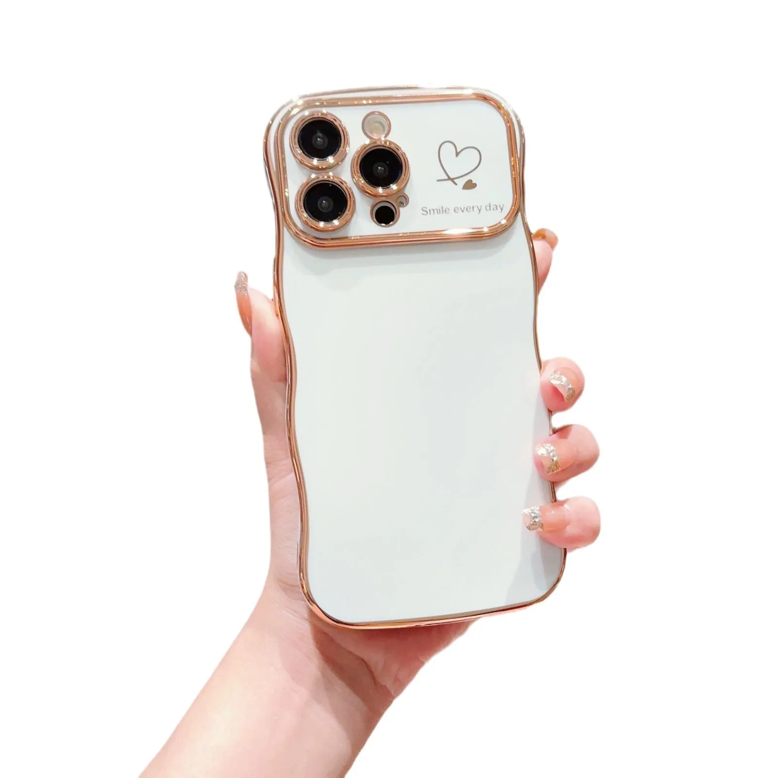 Electroplating wave love large window phone case in black, side view showing back cover and cutouts for iPhone