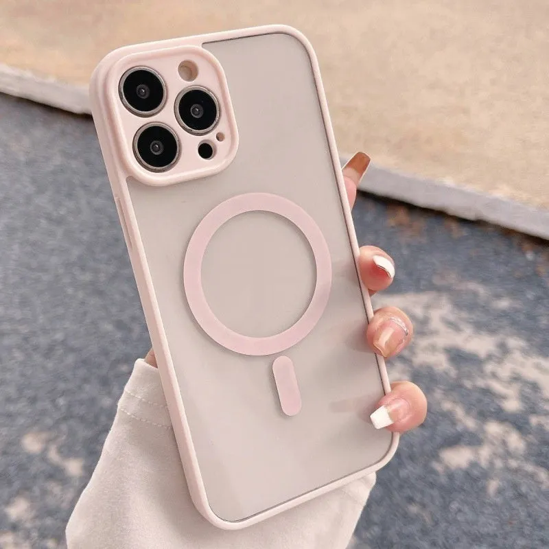 Transparent frosted magnetic phone case for iPhone with hard PC back and soft TPU edges, shockproof and anti-fingerprint