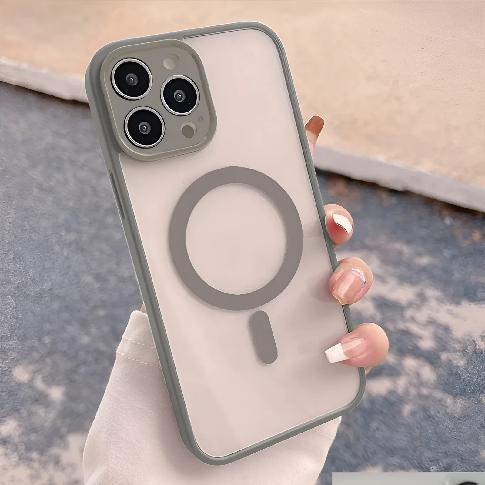 Transparent frosted magnetic phone case for iPhone with hard PC back and soft TPU edges, shockproof and anti-fingerprint