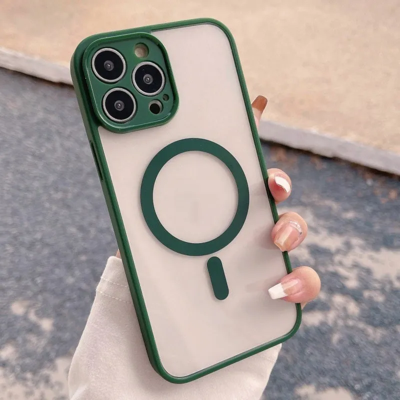 Transparent frosted magnetic phone case for iPhone with hard PC back and soft TPU edges, shockproof and anti-fingerprint