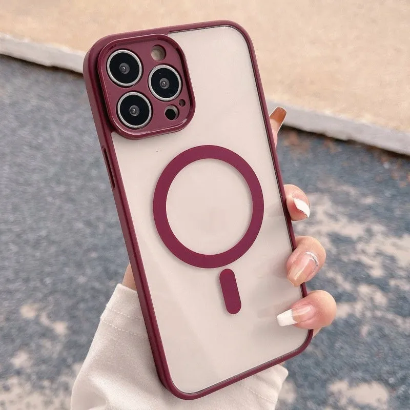 Transparent frosted magnetic phone case for iPhone with hard PC back and soft TPU edges, shockproof and anti-fingerprint