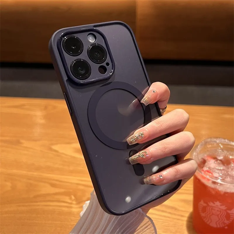 Transparent frosted magnetic phone case for iPhone with hard PC back and soft TPU edges, shockproof and anti-fingerprint