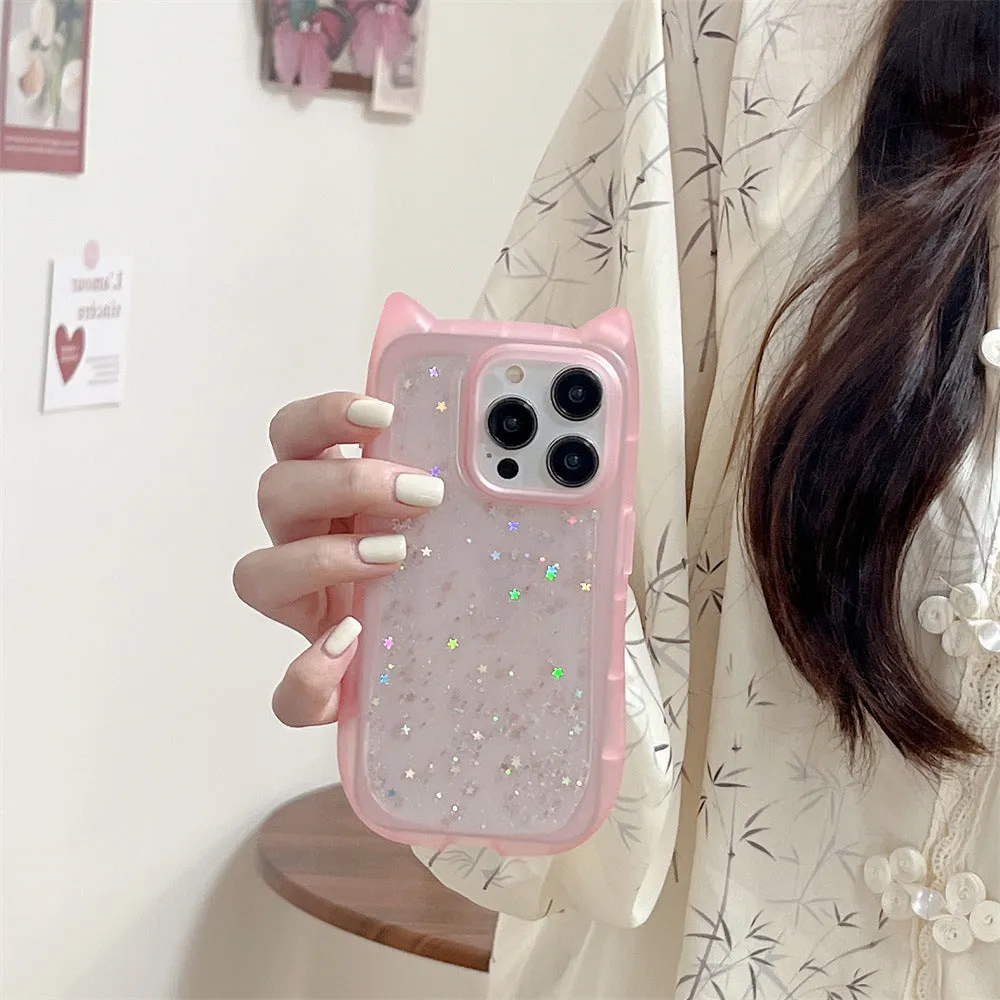 Three-dimensional cat ears epoxy glitter TPU phone case for Apple iPhone in pink with glitter accents