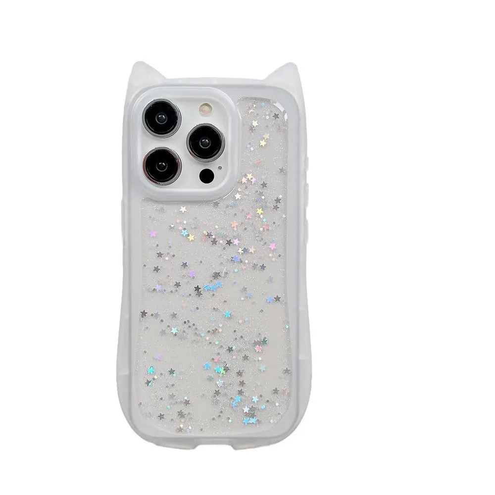 Three-dimensional cat ears epoxy glitter TPU phone case for Apple iPhone in pink with glitter accents