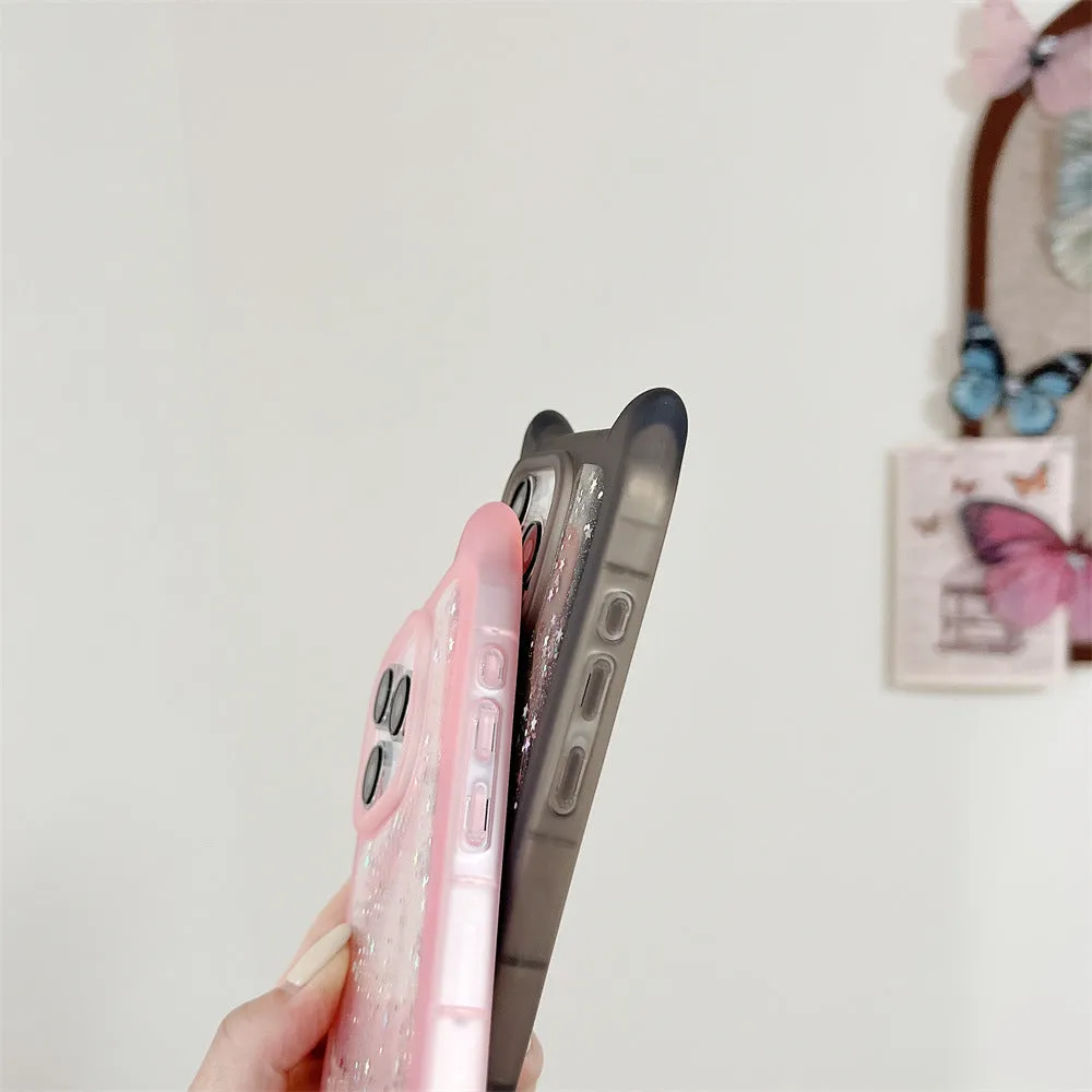 Three-dimensional cat ears epoxy glitter TPU phone case for Apple iPhone in pink with glitter accents