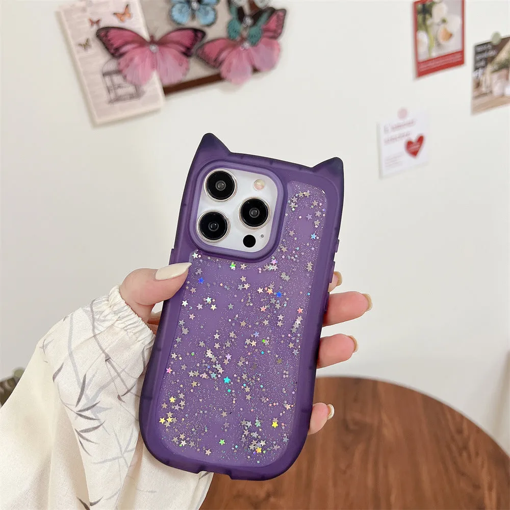 Three-dimensional cat ears epoxy glitter TPU phone case for Apple iPhone in pink with glitter accents