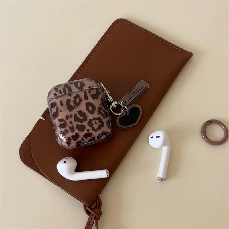 Transparent brown leopard printed PC earphone sleeve for Apple AirPods charging case with snap-on fit