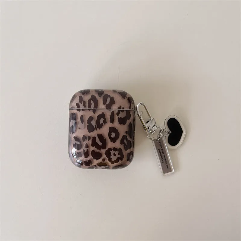 Transparent brown leopard printed PC earphone sleeve for Apple AirPods charging case with snap-on fit